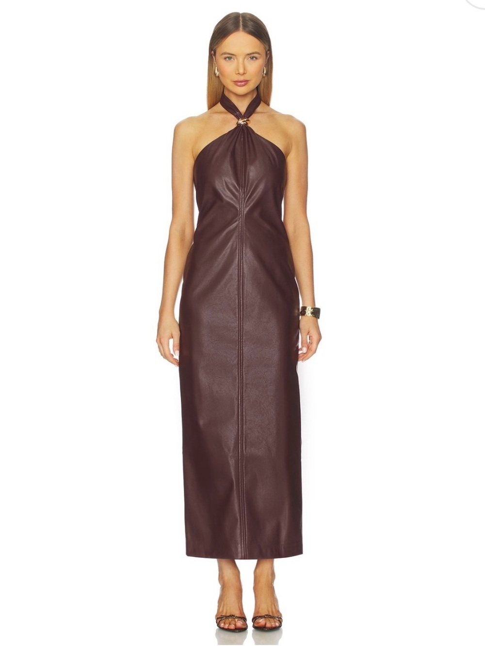 Rhea Dress in Burgundy - Halter Neck Faux Leather Maxi Dress